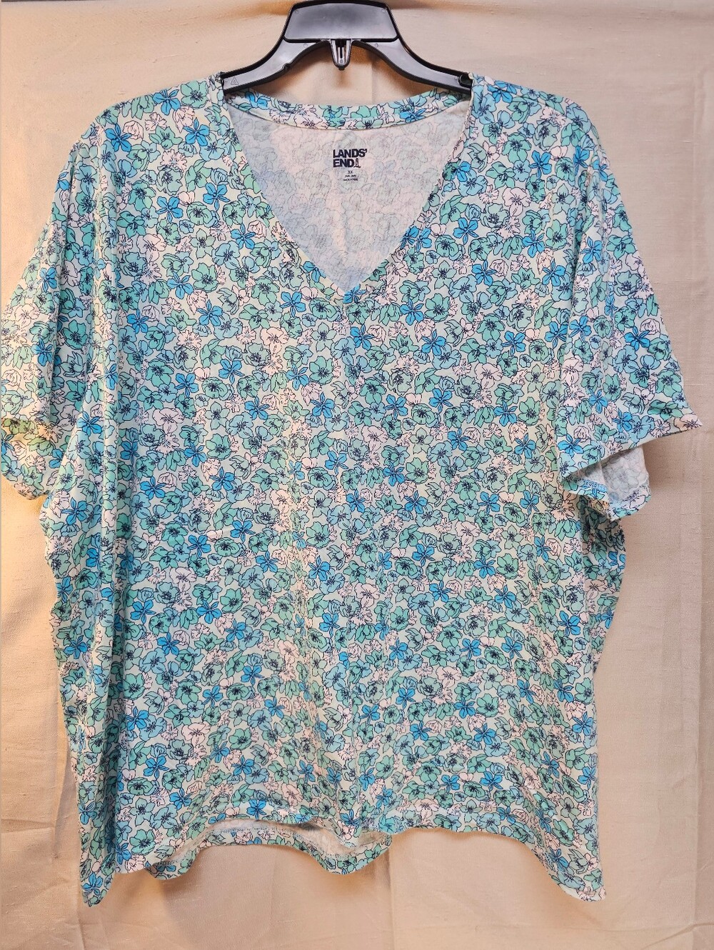 Lands' End Women's Aqua & Teal Floral V-Neck Tee Size 3X